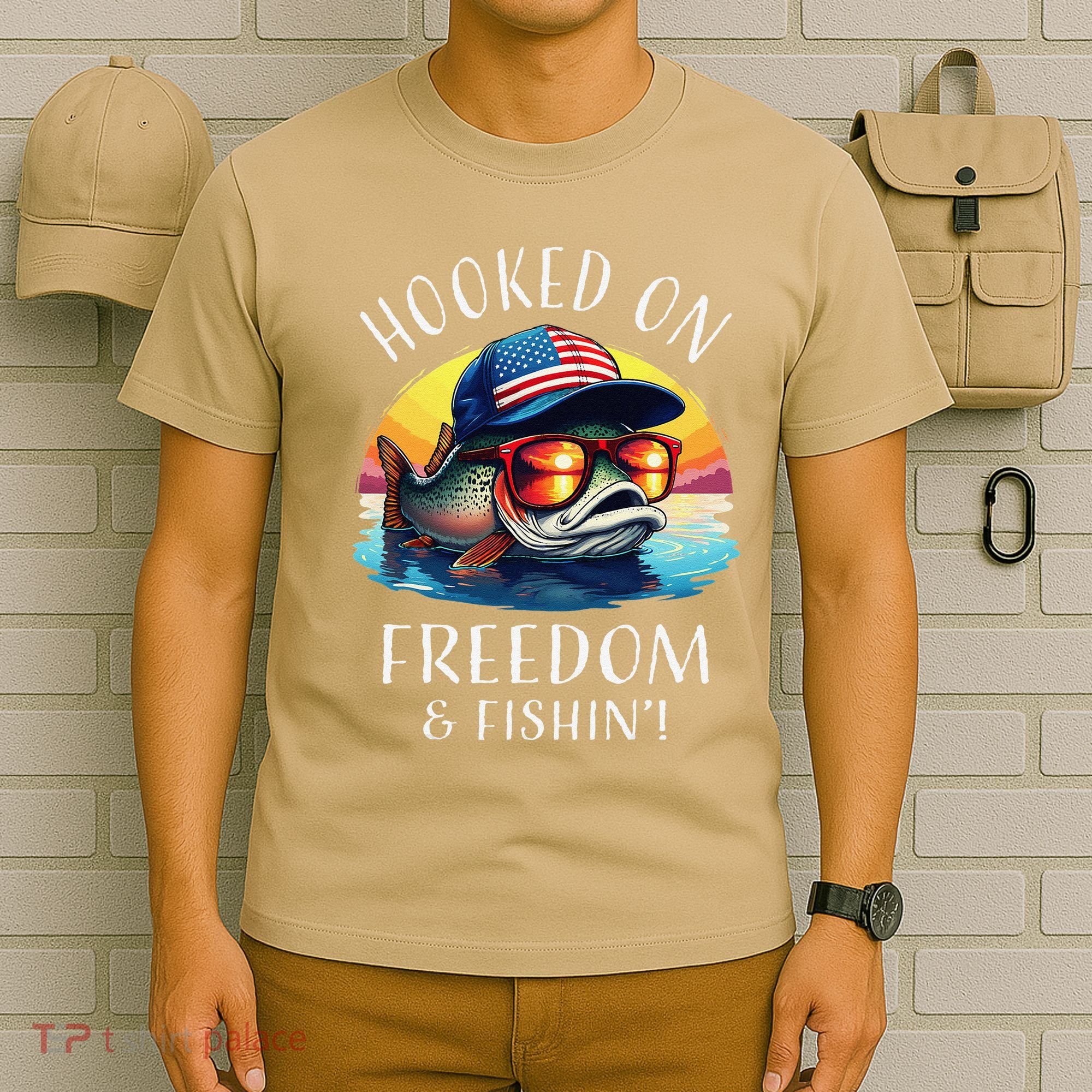 Hooked On Freedom Funny Fisherman Fishing Trout Usa Flag T-Shirt