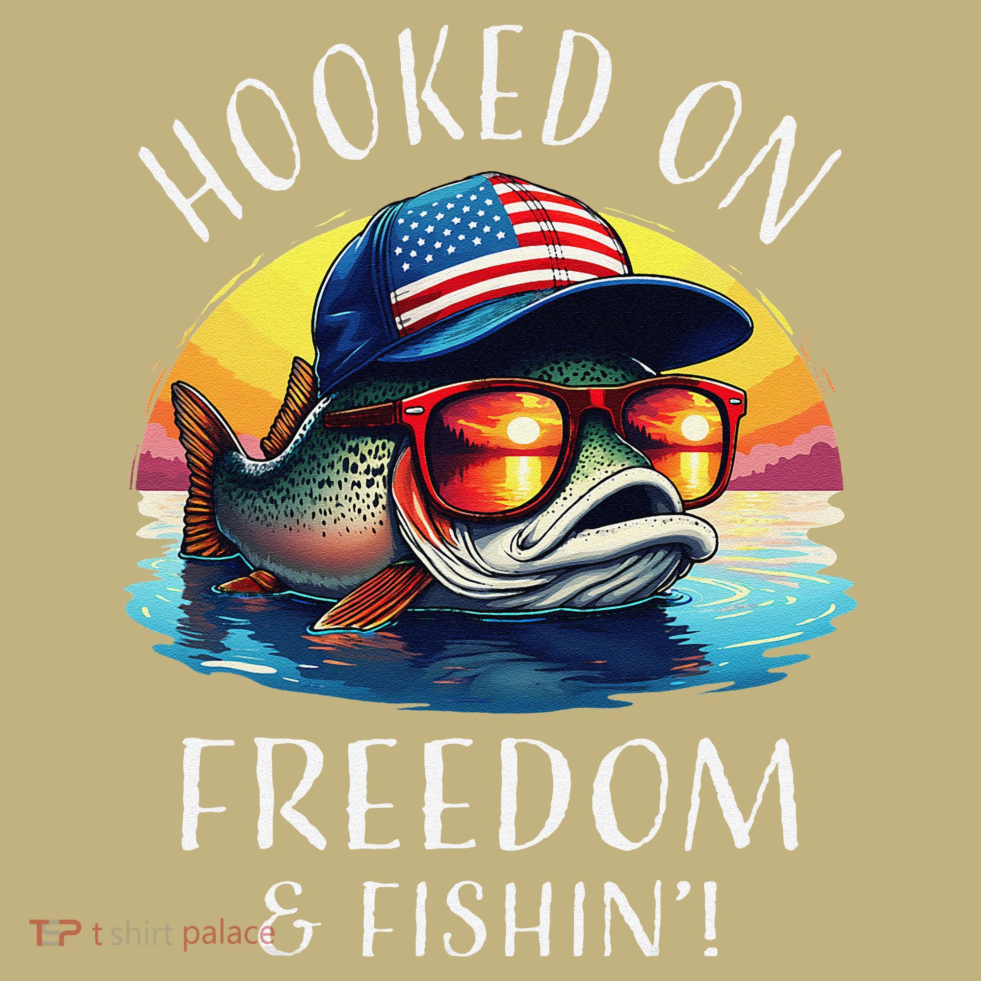 Hooked On Freedom Funny Fisherman Fishing Trout Usa Flag T-Shirt