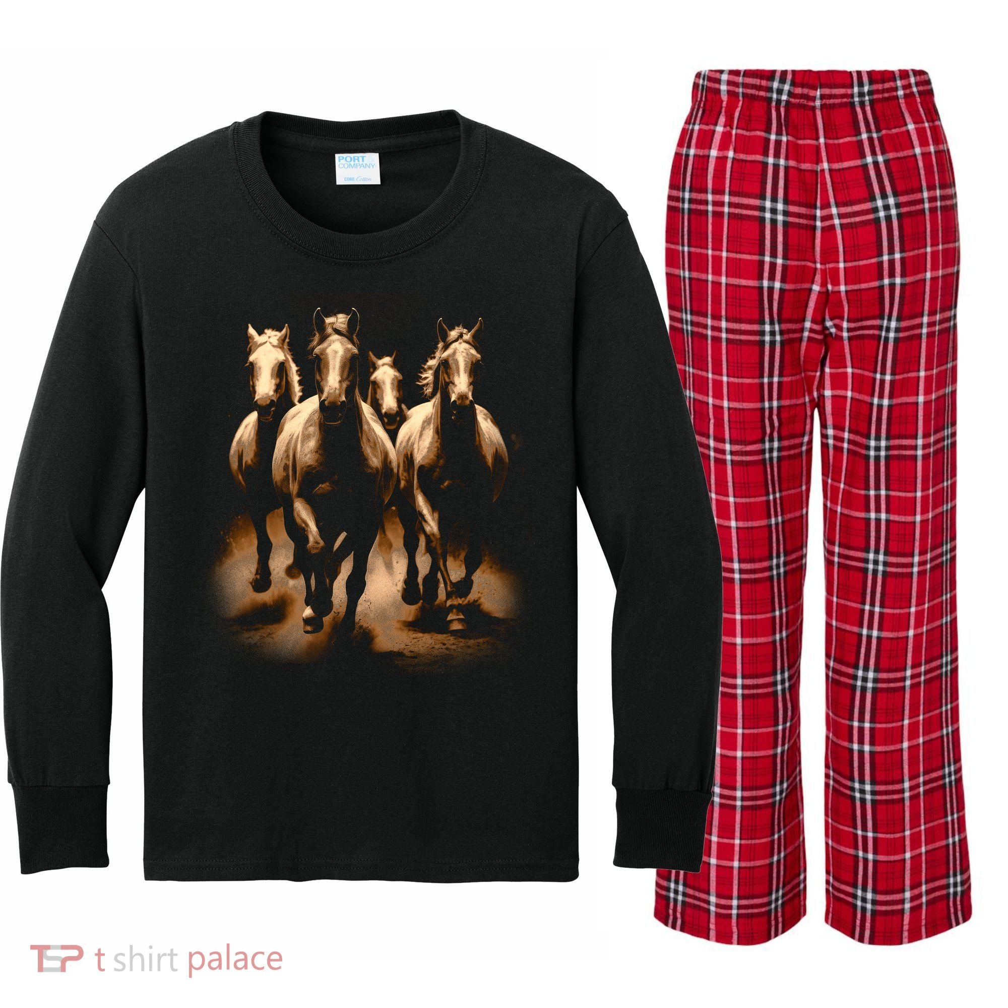 Herd Of Horses Kids Long Sleeve Plaid Pajama Set