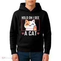 Hold On I See A Cat Funny Sarcastic Cat Lovers Women Kids Hoodie thumb 4