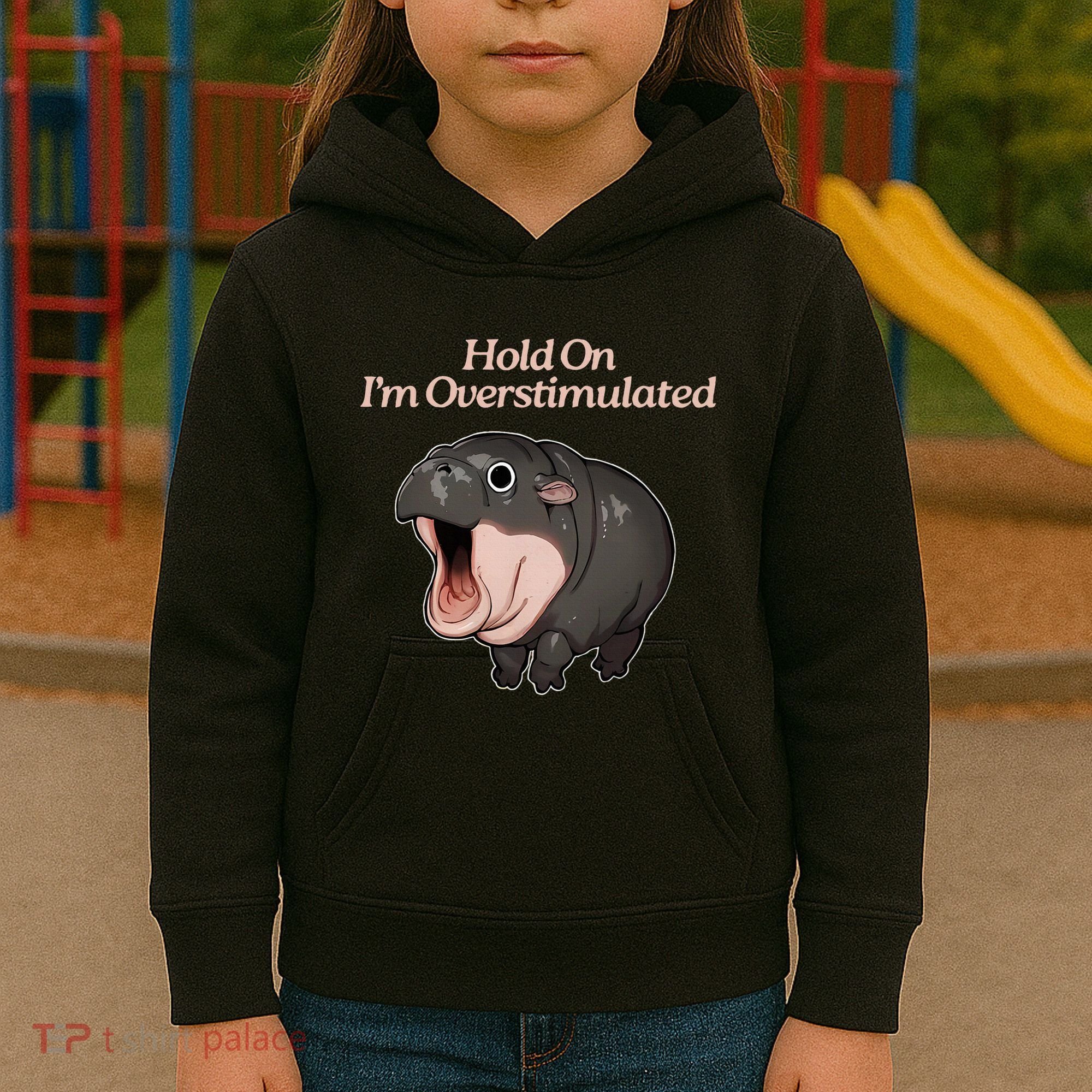 Hold On I_m Overstimulated Moo Deng Baby Hippo Moo Kids Hoodie