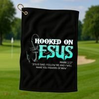Hooked On Jesus Funny Fishing Golf Towel thumb 1