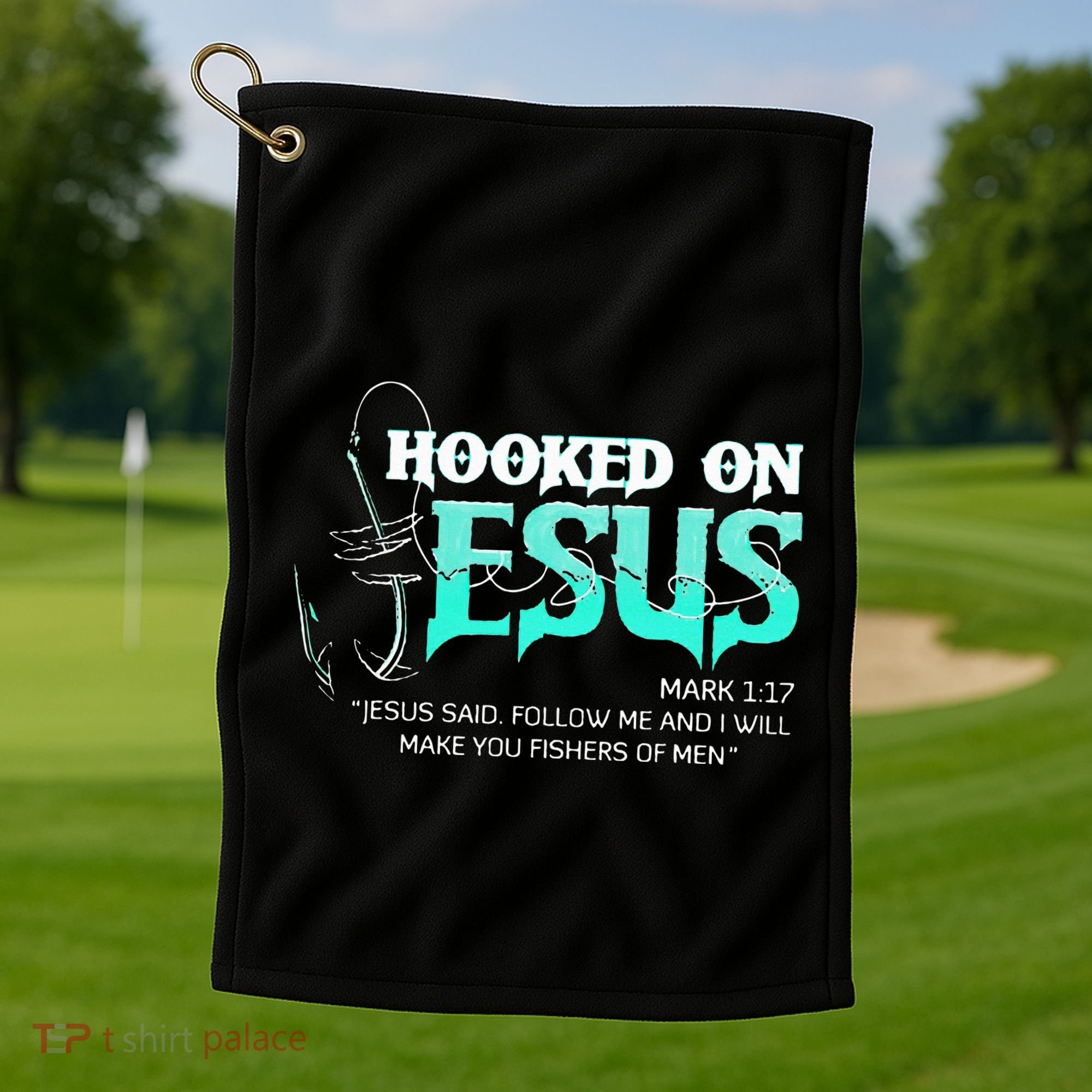 Hooked On Jesus Funny Fishing Golf Towel