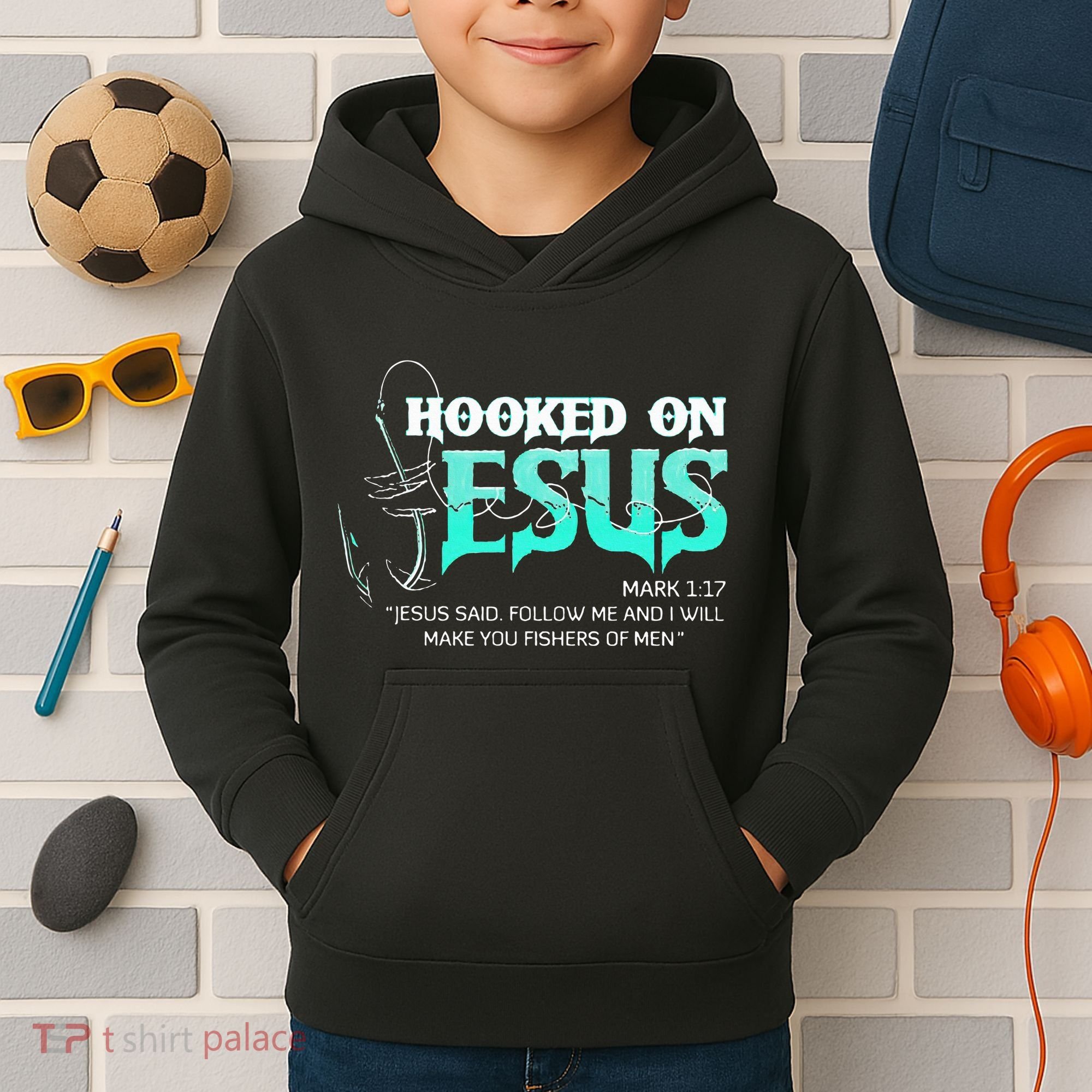 Hooked On Jesus Funny Fishing Kids Hoodie