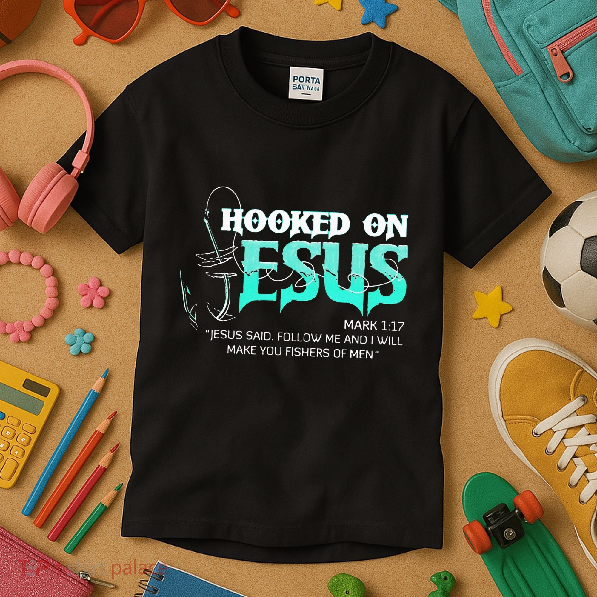 Hooked On Jesus Funny Fishing Kids T-Shirt