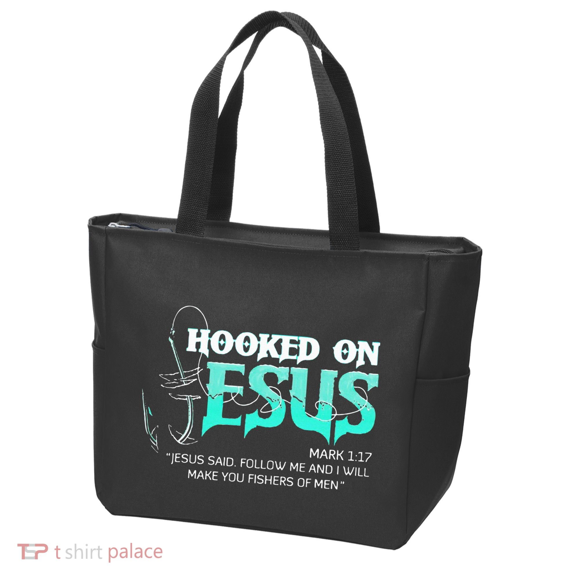 Hooked On Jesus Funny Fishing Tote Bag