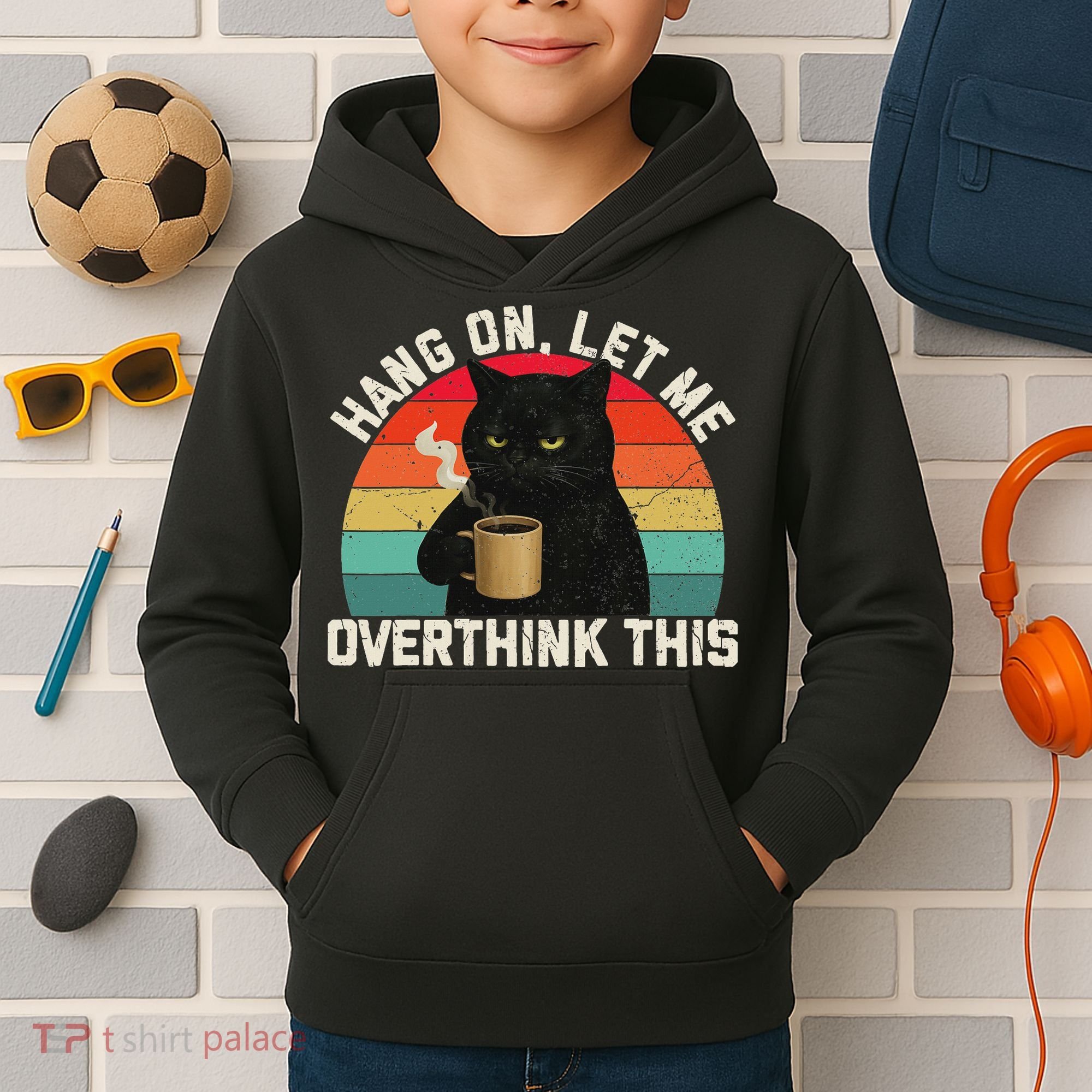 Hang On Let Me Overthink This Black Cat Coffee Sarcastic Kids Hoodie
