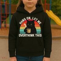 Hang On Let Me Overthink This Black Cat Coffee Sarcastic Kids Hoodie thumb 3