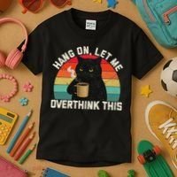 Hang On Let Me Overthink This Black Cat Coffee Sarcastic Kids T-Shirt thumb 3