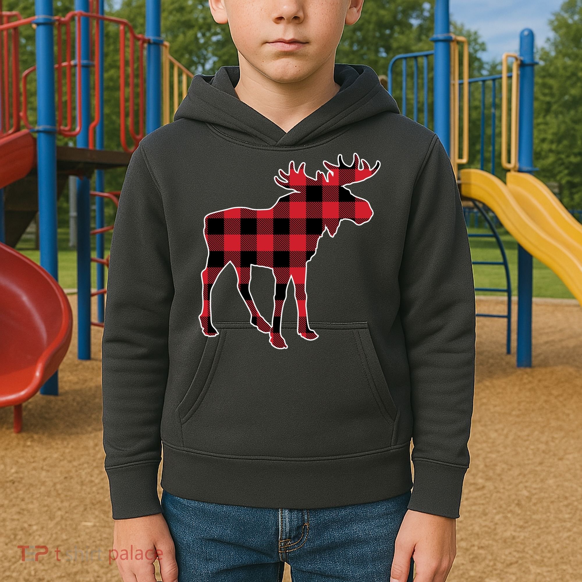 Holiday Plaid Moose Kids Hoodie