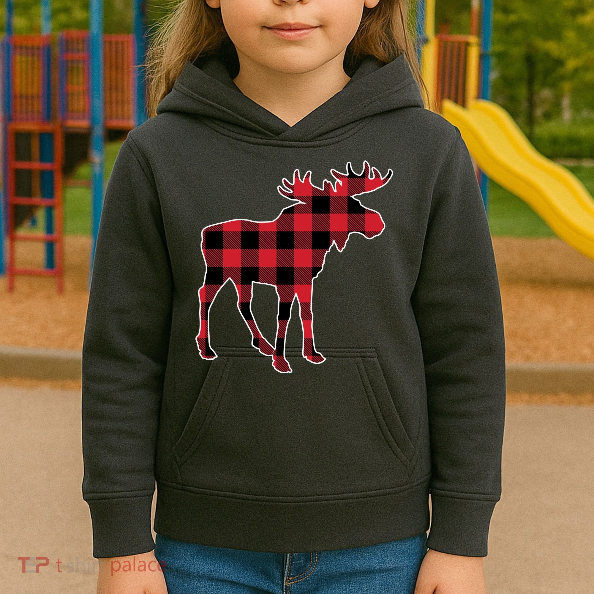 Holiday Plaid Moose Kids Hoodie