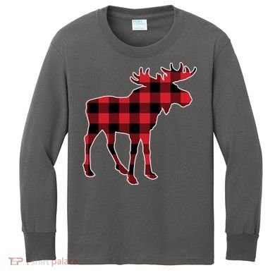 Holiday Plaid Moose Kids Long Sleeve Shirt