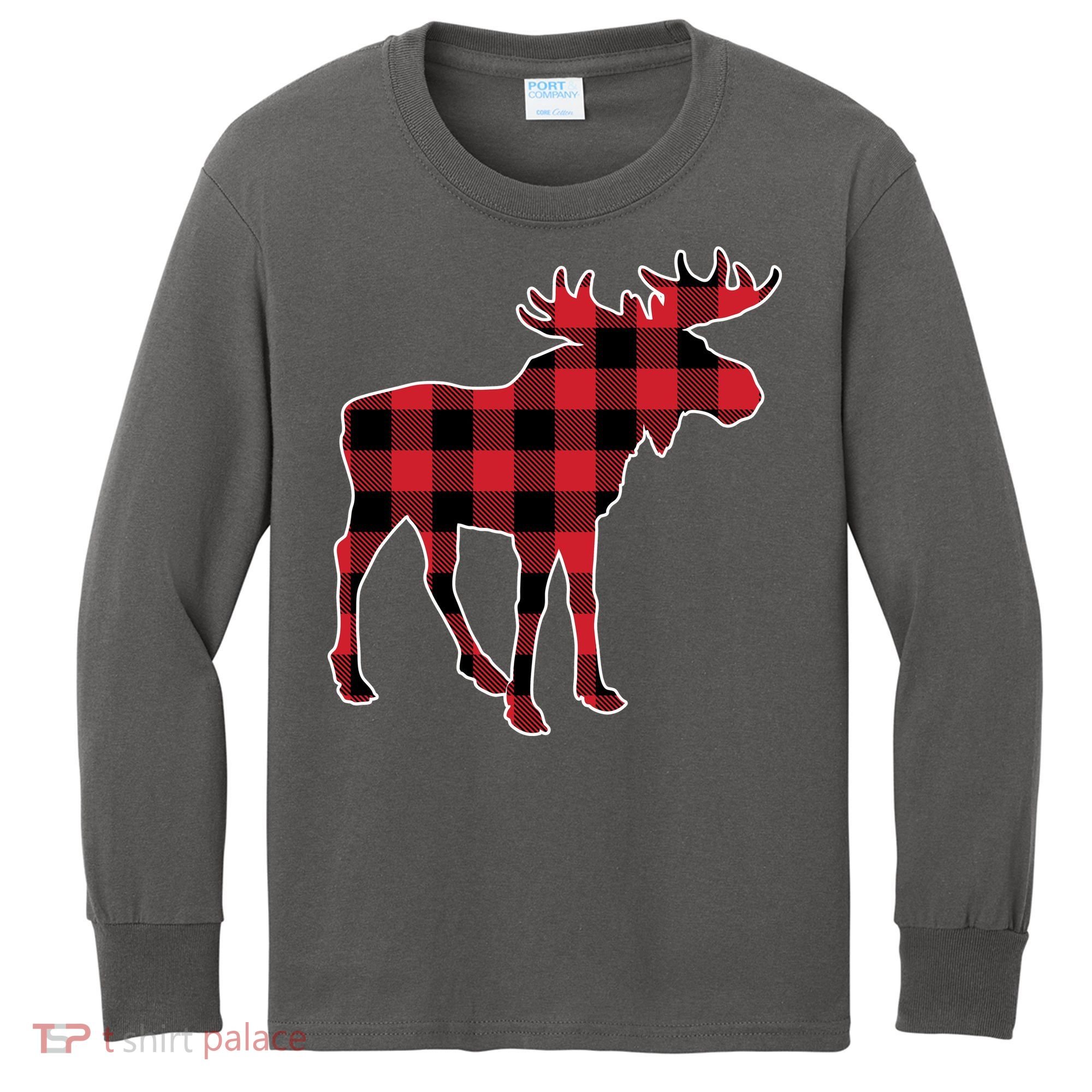 Holiday Plaid Moose Kids Long Sleeve Shirt
