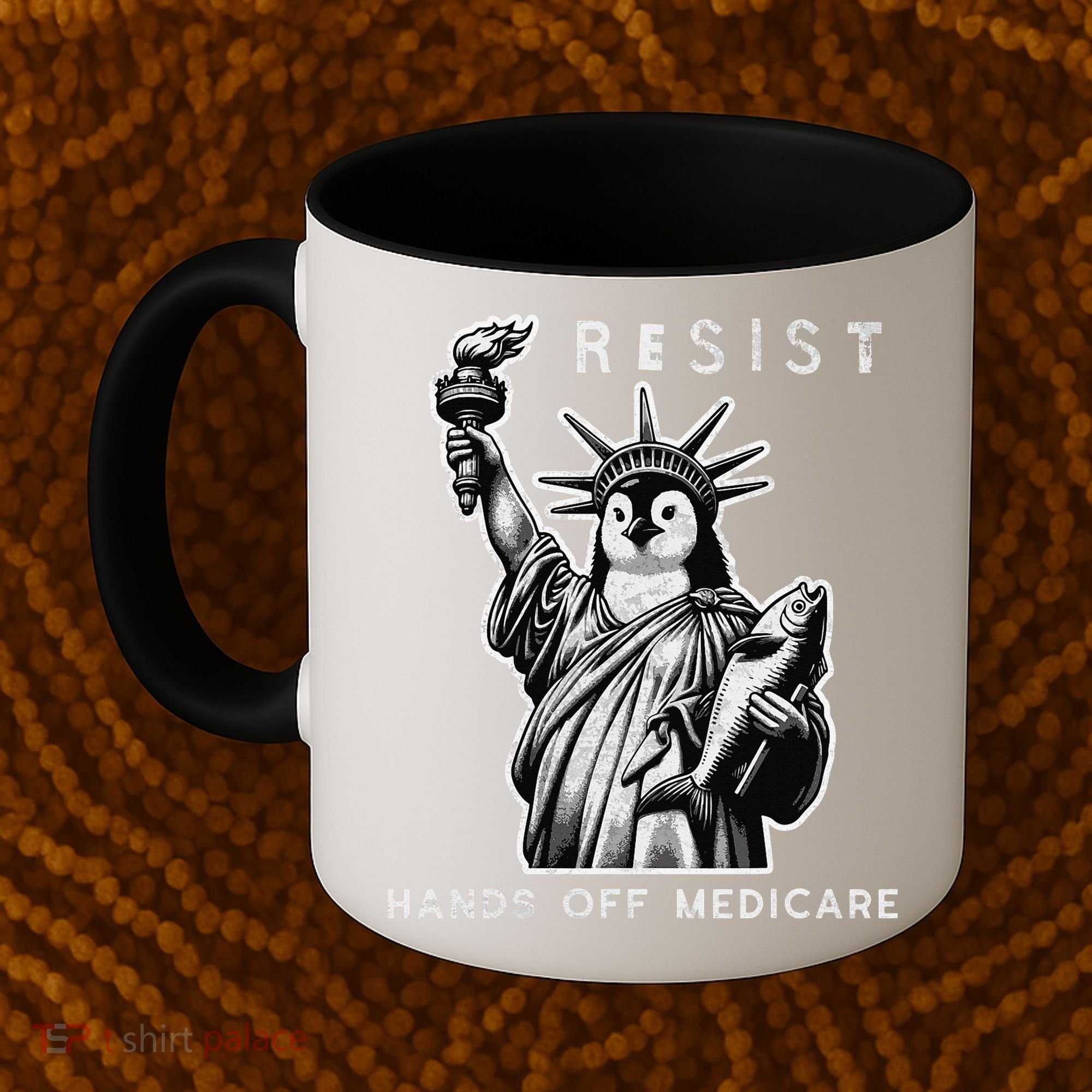Hands Off Medicare Penguin Statue Of Liberty Resist Protest Coffee Mug