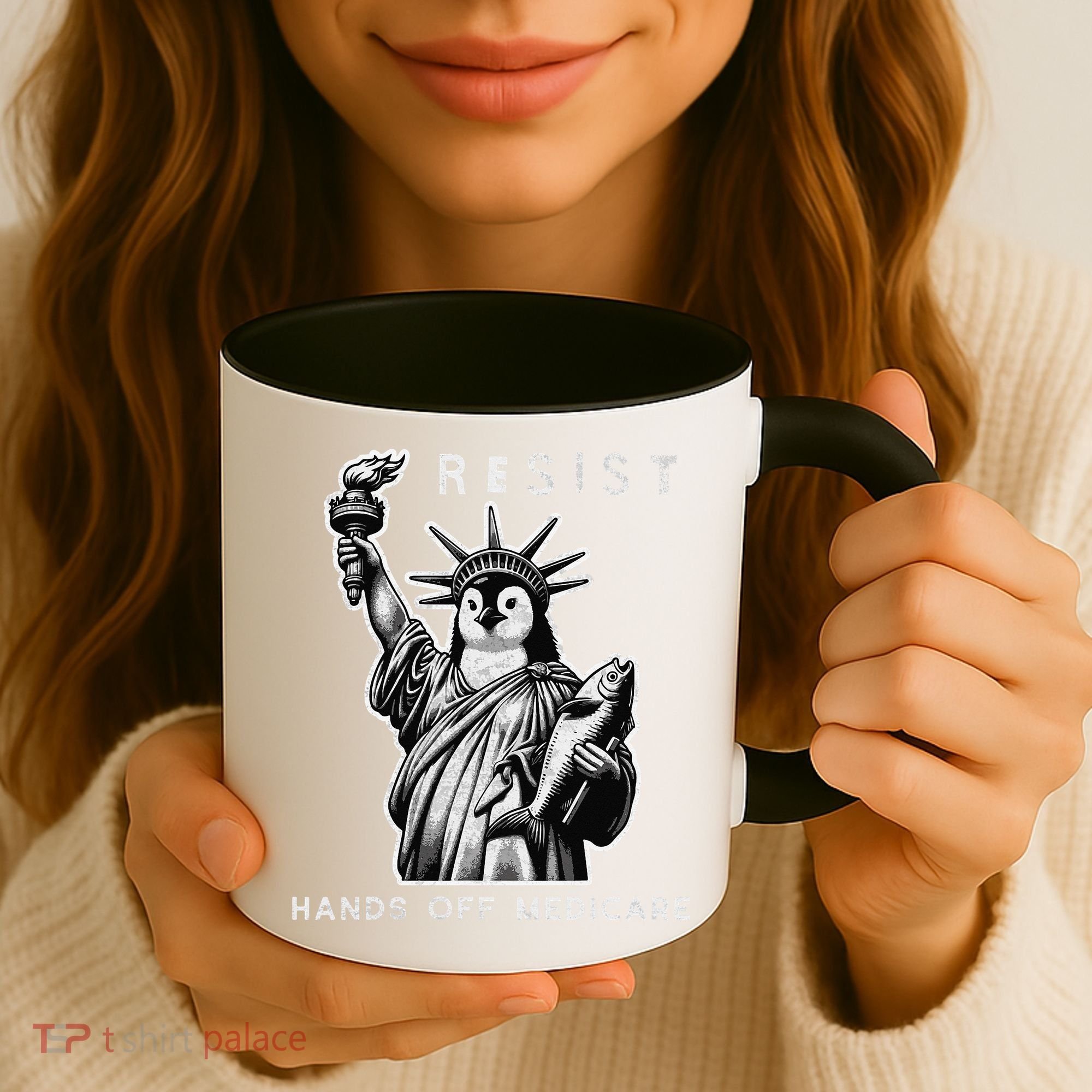 Hands Off Medicare Penguin Statue Of Liberty Resist Protest Coffee Mug