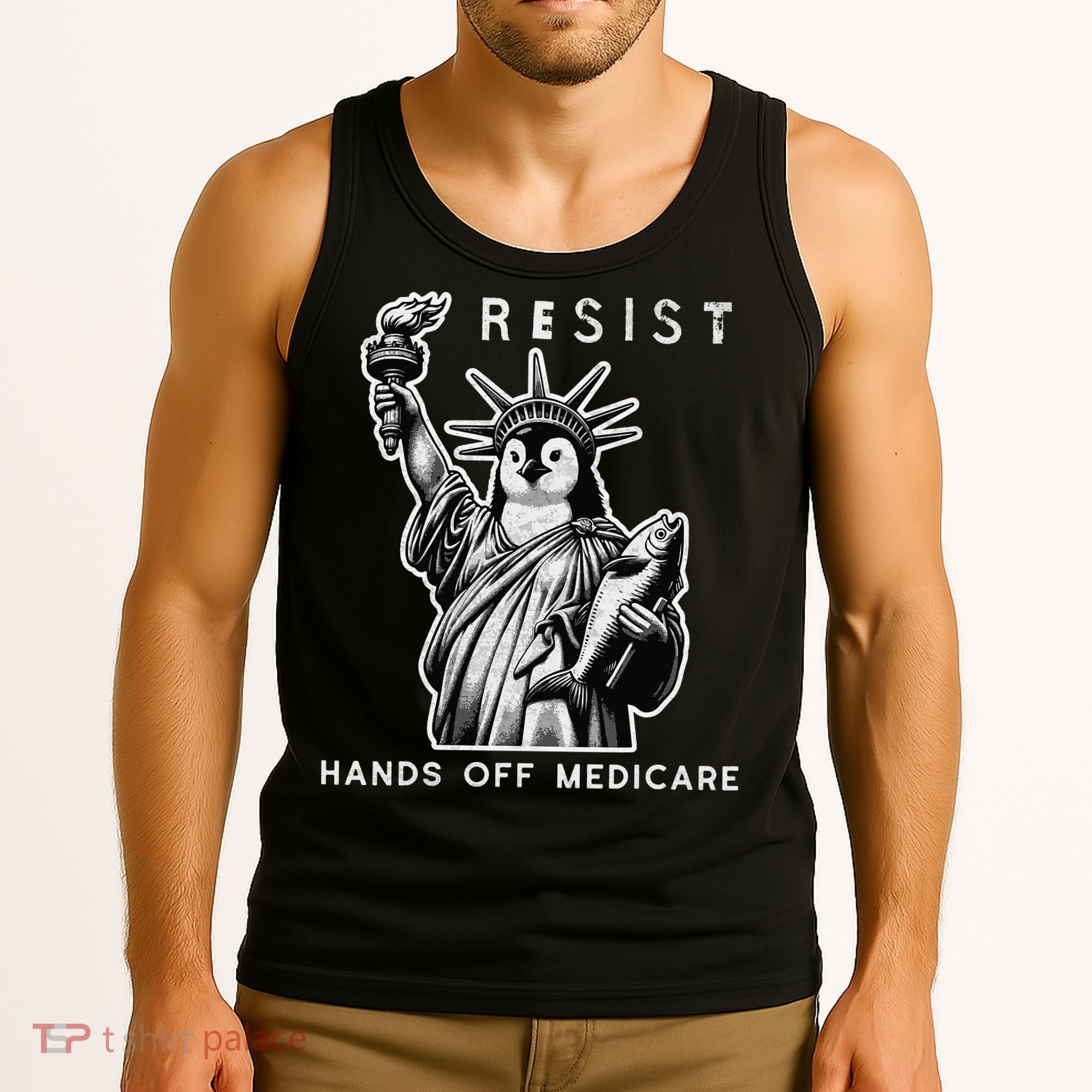 Hands Off Medicare Penguin Statue Of Liberty Resist Protest Tank Top