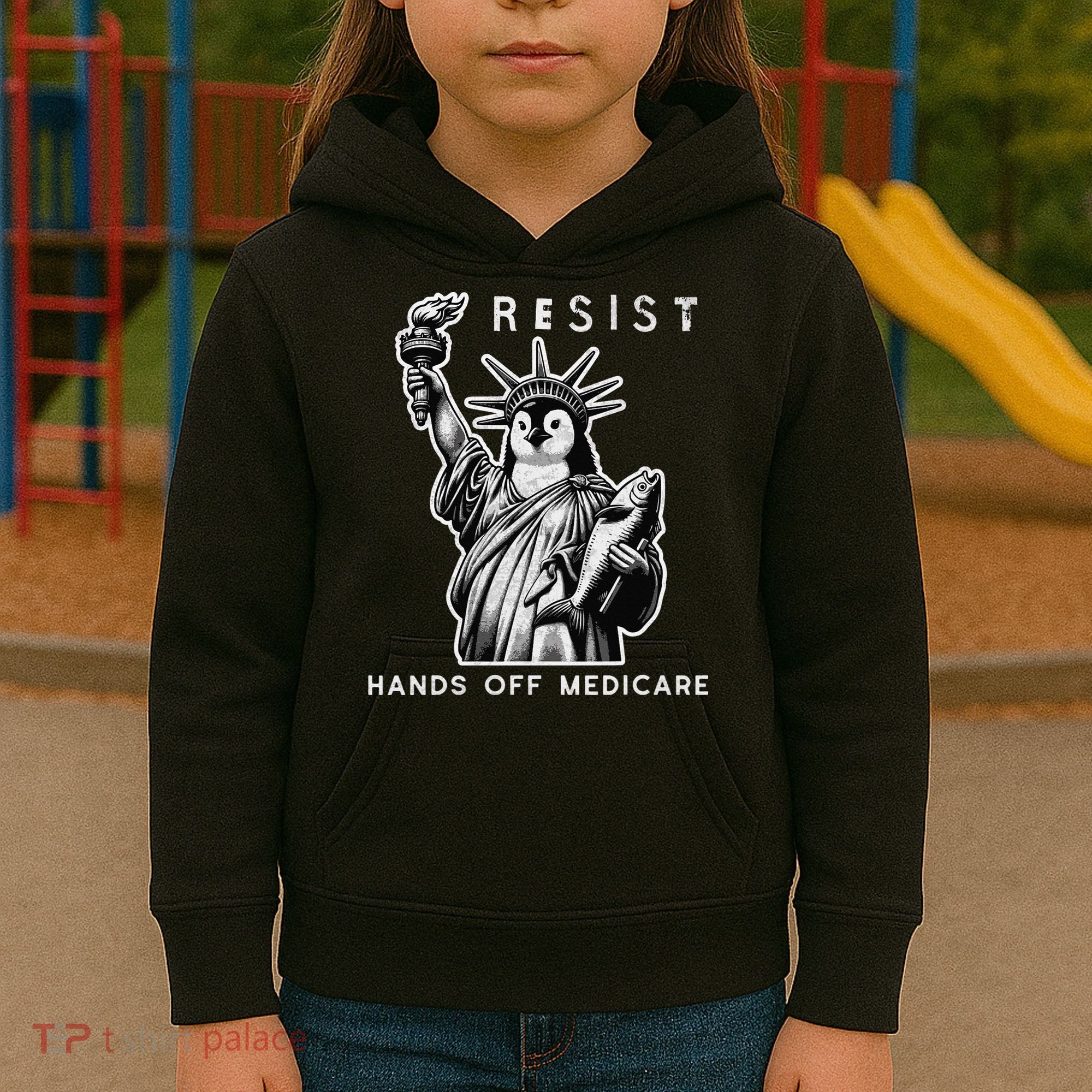 Hands Off Medicare Penguin Statue Of Liberty Resist Protest Kids Hoodie