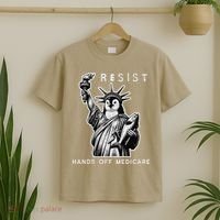 Hands Off Medicare Penguin Statue Of Liberty Resist Protest T-Shirt thumb 2
