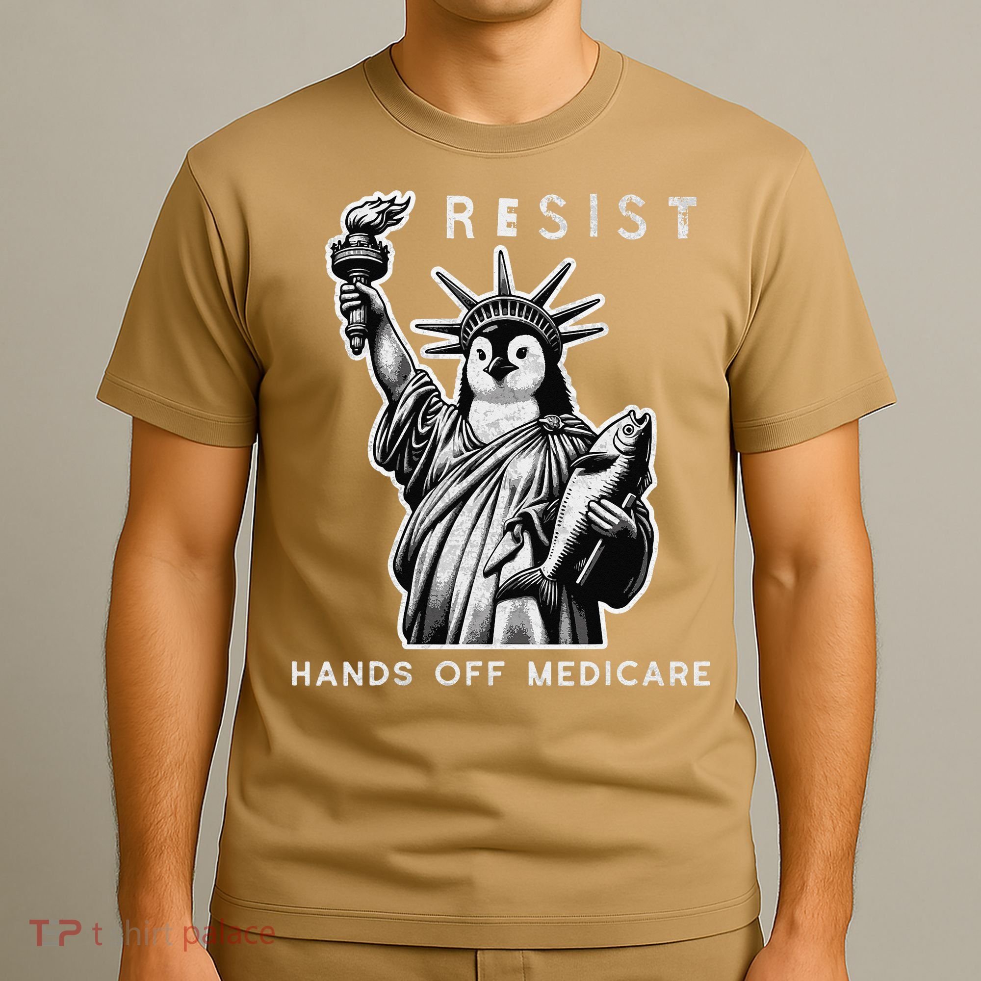 Hands Off Medicare Penguin Statue Of Liberty Resist Protest T-Shirt