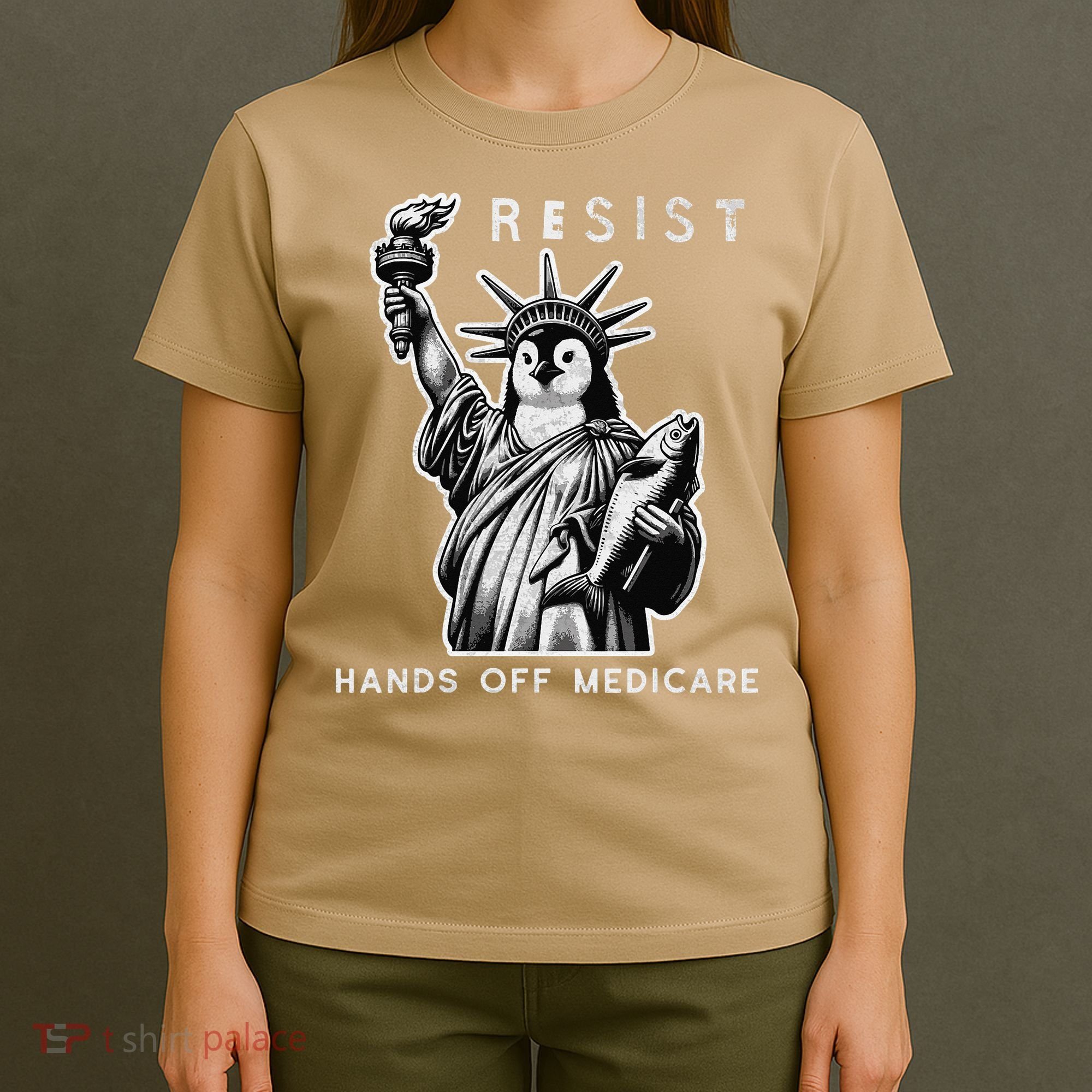 Hands Off Medicare Penguin Statue Of Liberty Resist Protest T-Shirt