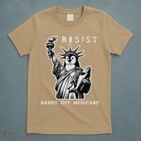 Hands Off Medicare Penguin Statue Of Liberty Resist Protest T-Shirt thumb 5