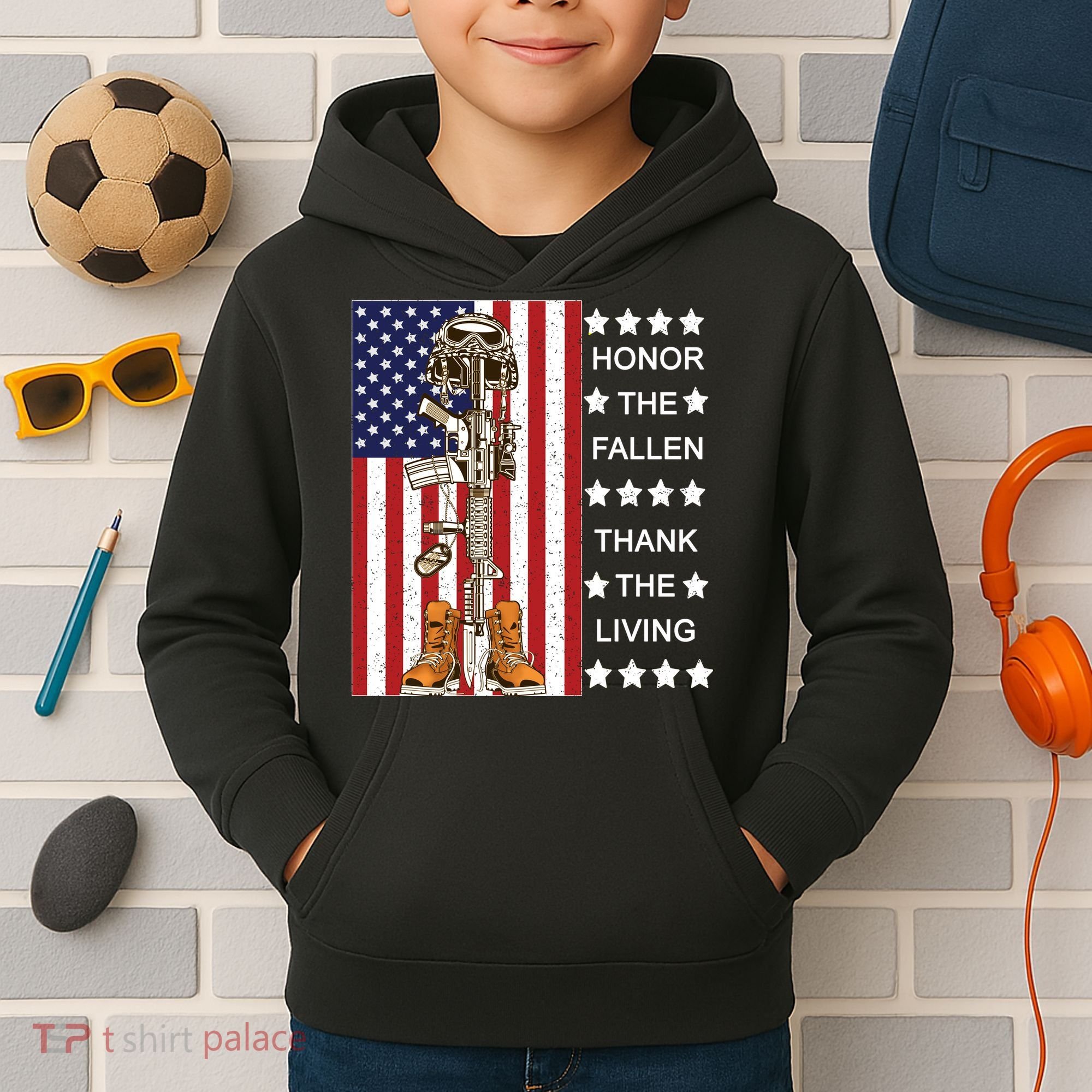 Honor The Fallen Thank The Living Memorial Day Veteran Kids Hoodie