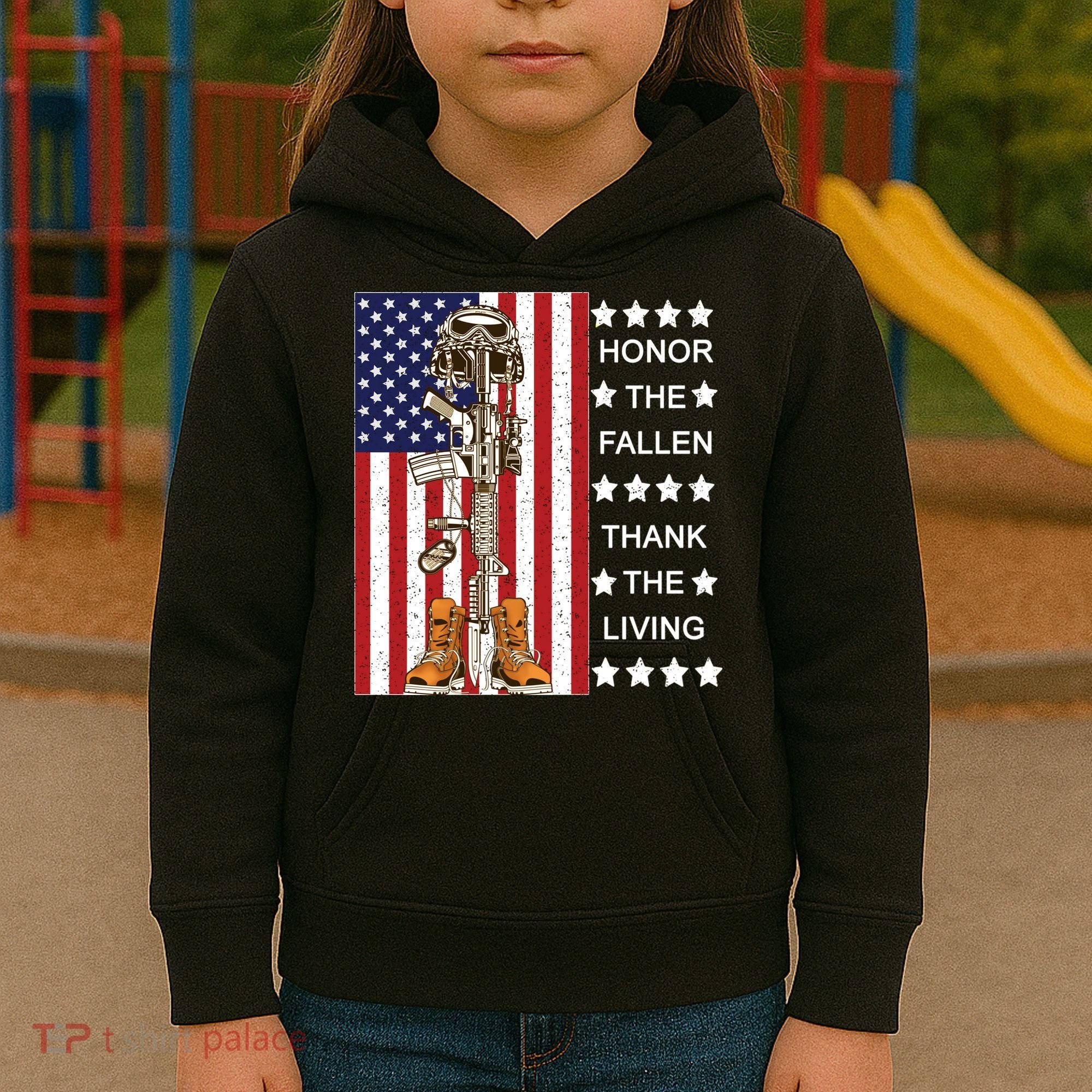 Honor The Fallen Thank The Living Memorial Day Veteran Kids Hoodie