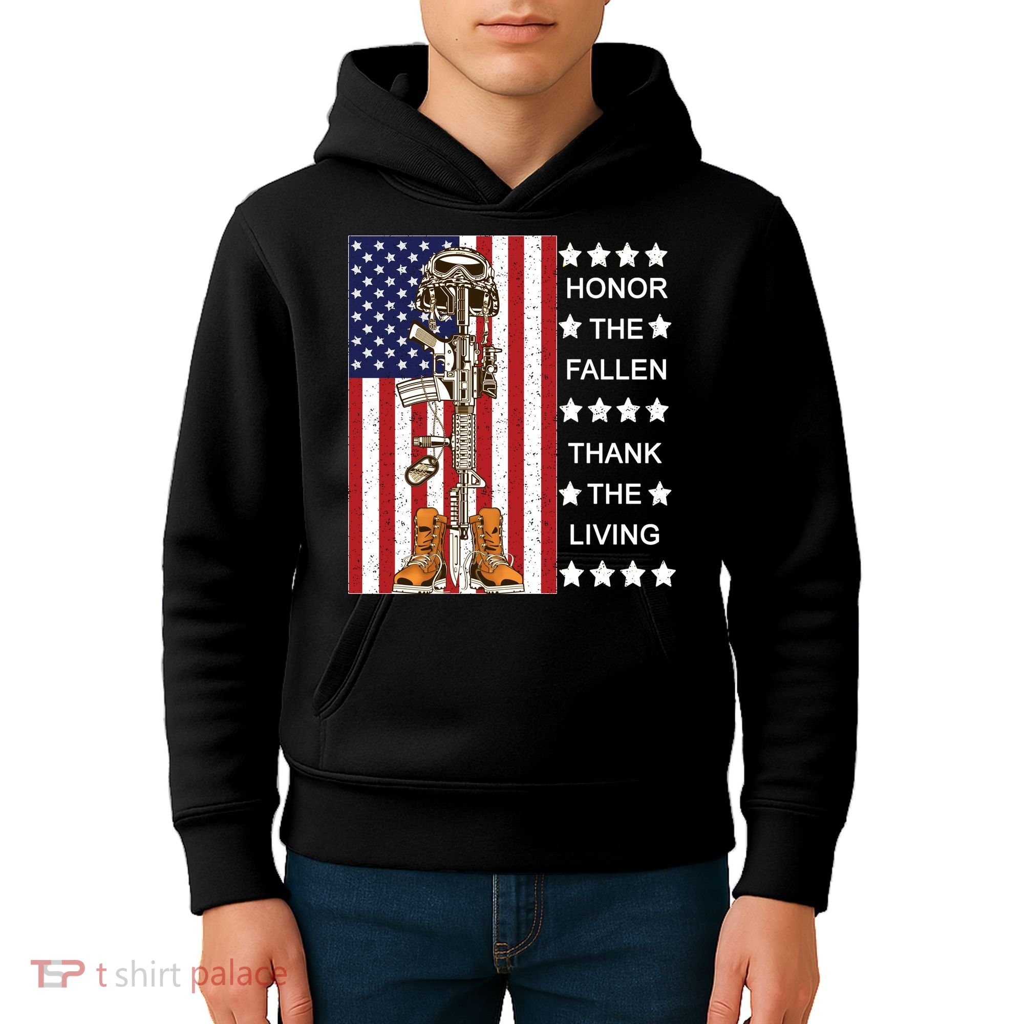 Honor The Fallen Thank The Living Memorial Day Veteran Kids Hoodie