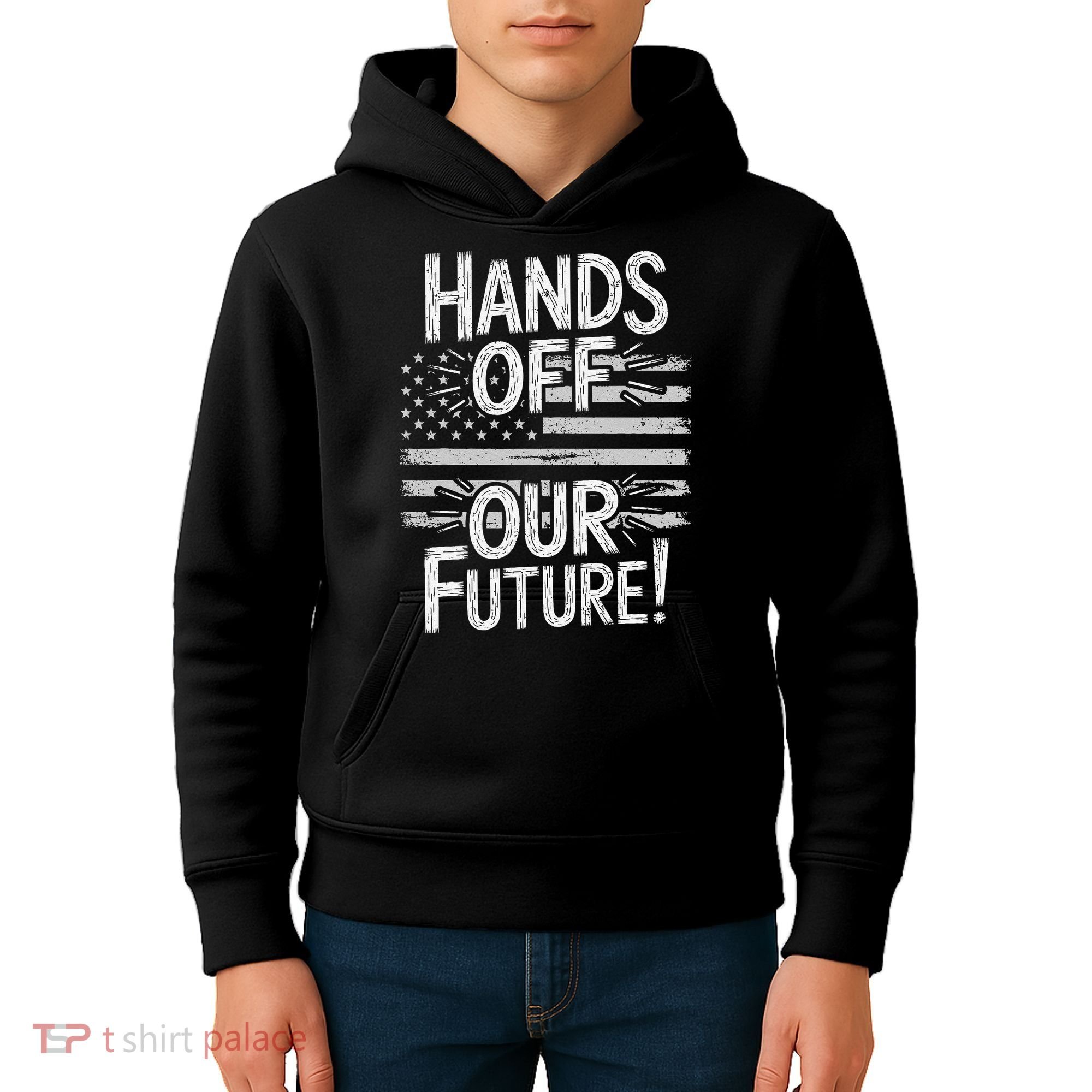 Hands Off Our Future Pro Democracy Anti MAGA Anti Oligarchy Kids Hoodie