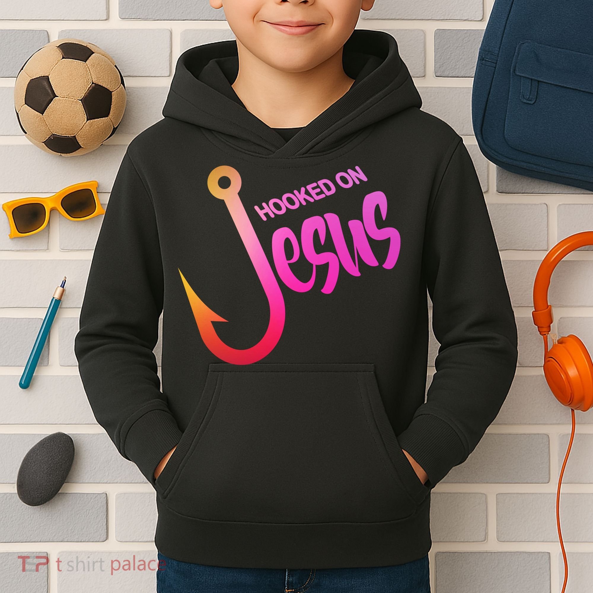 Hooked On Jesus Fish Hook Kids Hoodie