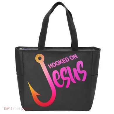 Hooked On Jesus Fish Hook Tote Bag