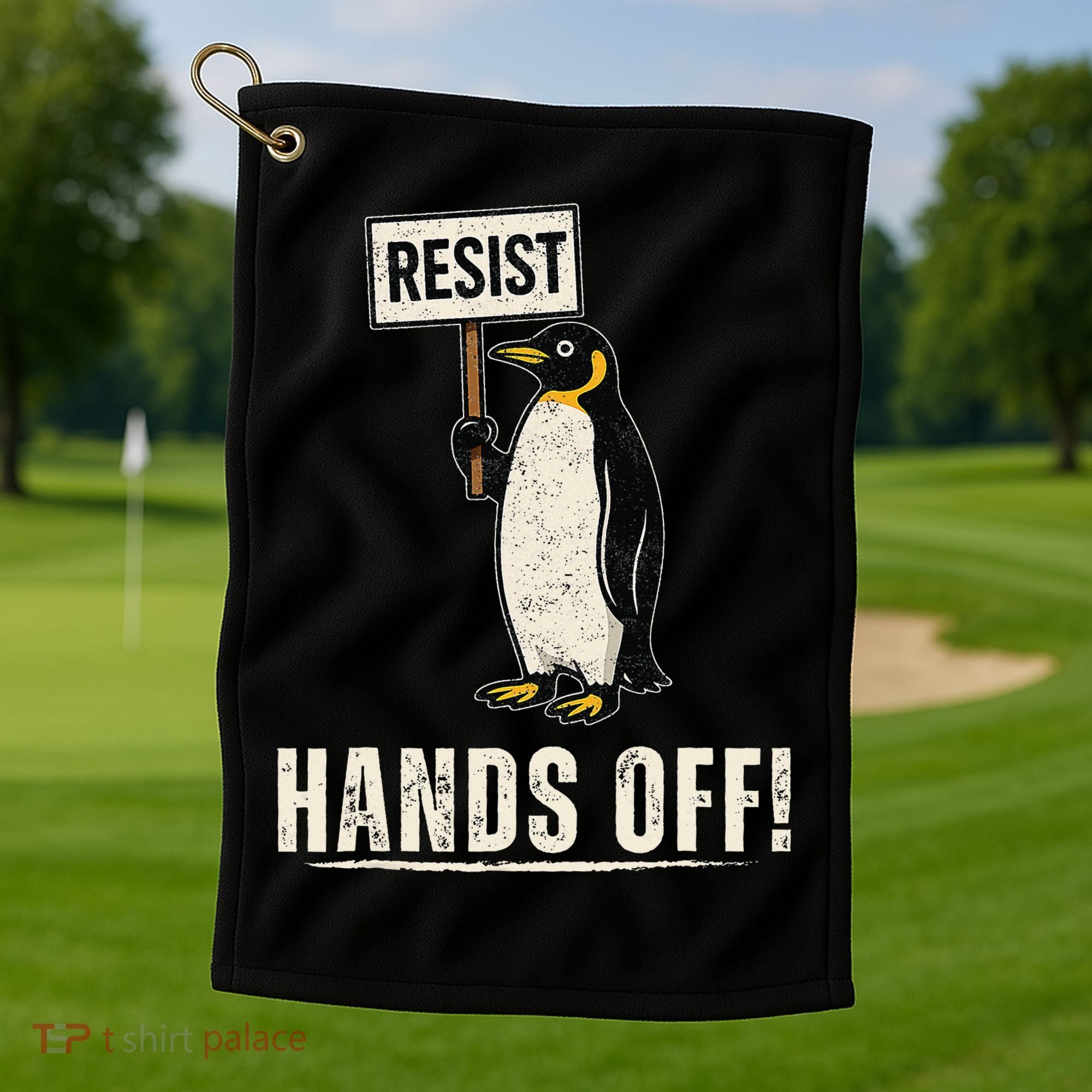 Hands Off Penguins Protest Against Tariffs Penguin Resist Golf Towel