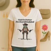 Hold On Partner IM Overstimulated Cowboy Funny Frog Western Women's V-Neck T-Shirt thumb 3