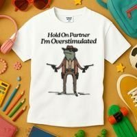 Hold On Partner IM Overstimulated Cowboy Funny Frog Western Kids T-Shirt thumb 3