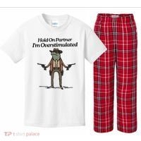 Hold On Partner IM Overstimulated Cowboy Funny Frog Western Kids Plaid Pajama Set thumb 0