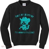 Hold On Partner IM Overstimulated Cat Kids Sweatshirt thumb 0