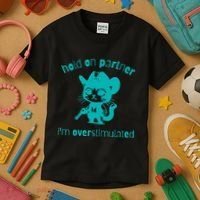 Hold On Partner IM Overstimulated Cat Kids T-Shirt thumb 3