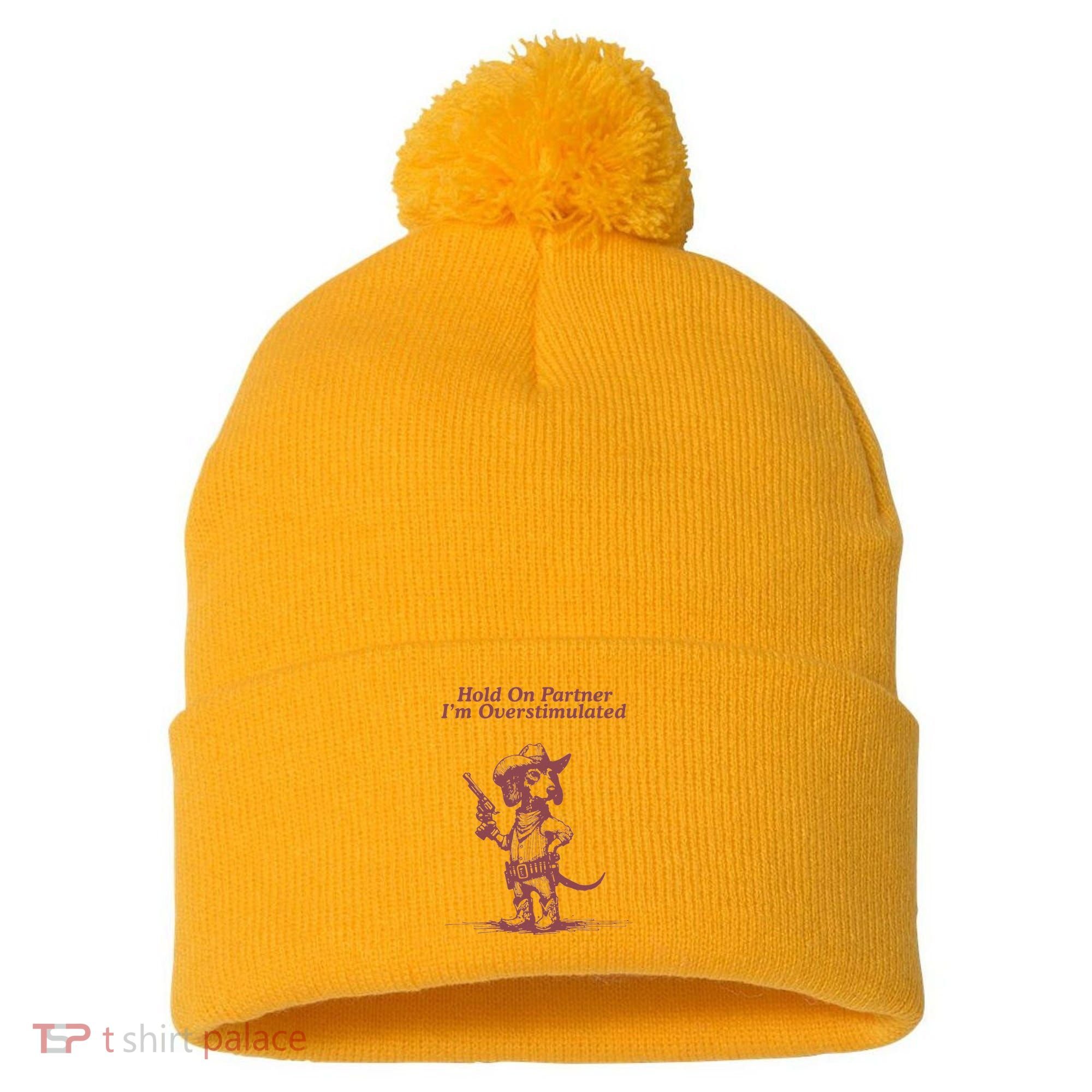 Hold On Partner IM Overstimulated Cowboy Dachshund Dogs Pom Pom 12in Knit Beanie