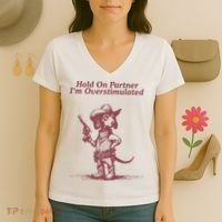 Hold On Partner IM Overstimulated Cowboy Dachshund Dogs Women's V-Neck T-Shirt thumb 3