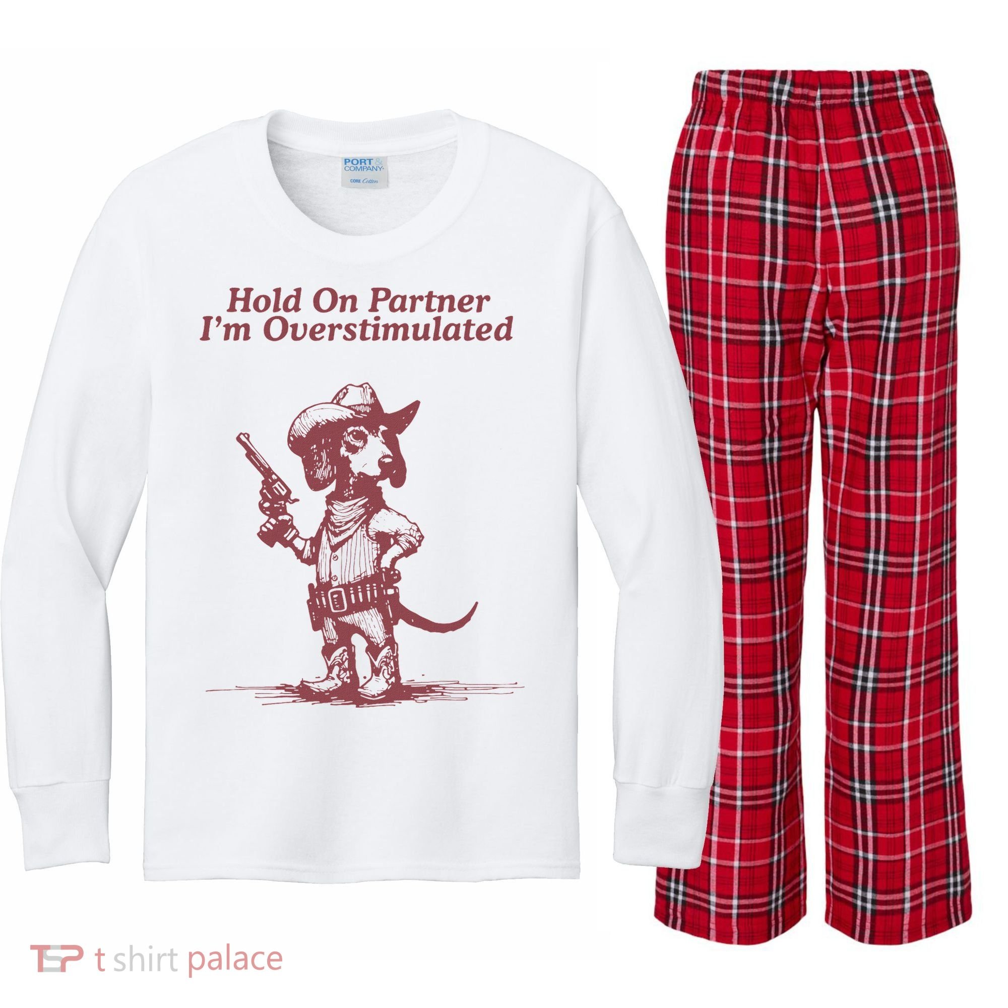 Hold On Partner IM Overstimulated Cowboy Dachshund Dogs Kids Long Sleeve Plaid Pajama Set