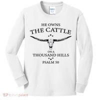 He Owns The Cattle On A Thousand Hills Bull Skull Christian Kids Long Sleeve Shirt thumb 0