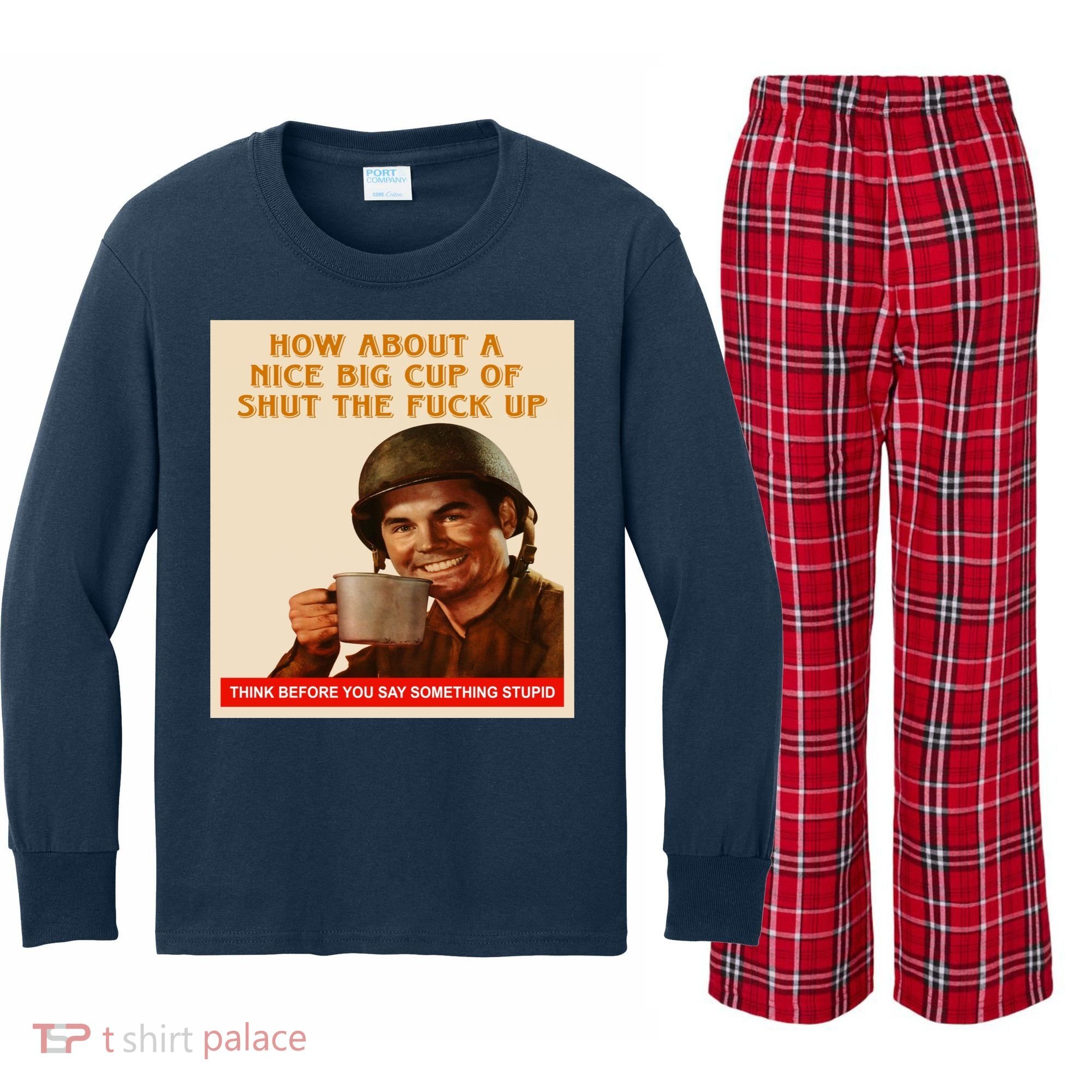 How About A Nice Big Cup of Shut The Fuck Up Kids Long Sleeve Plaid Pajama Set