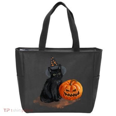 Halloween Pumpkin Black Cat Tote Bag