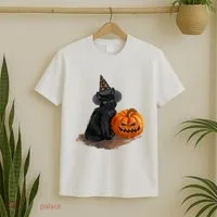 Halloween Pumpkin Black Cat T-Shirt thumb 2