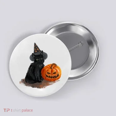 Halloween Pumpkin Black Cat Button