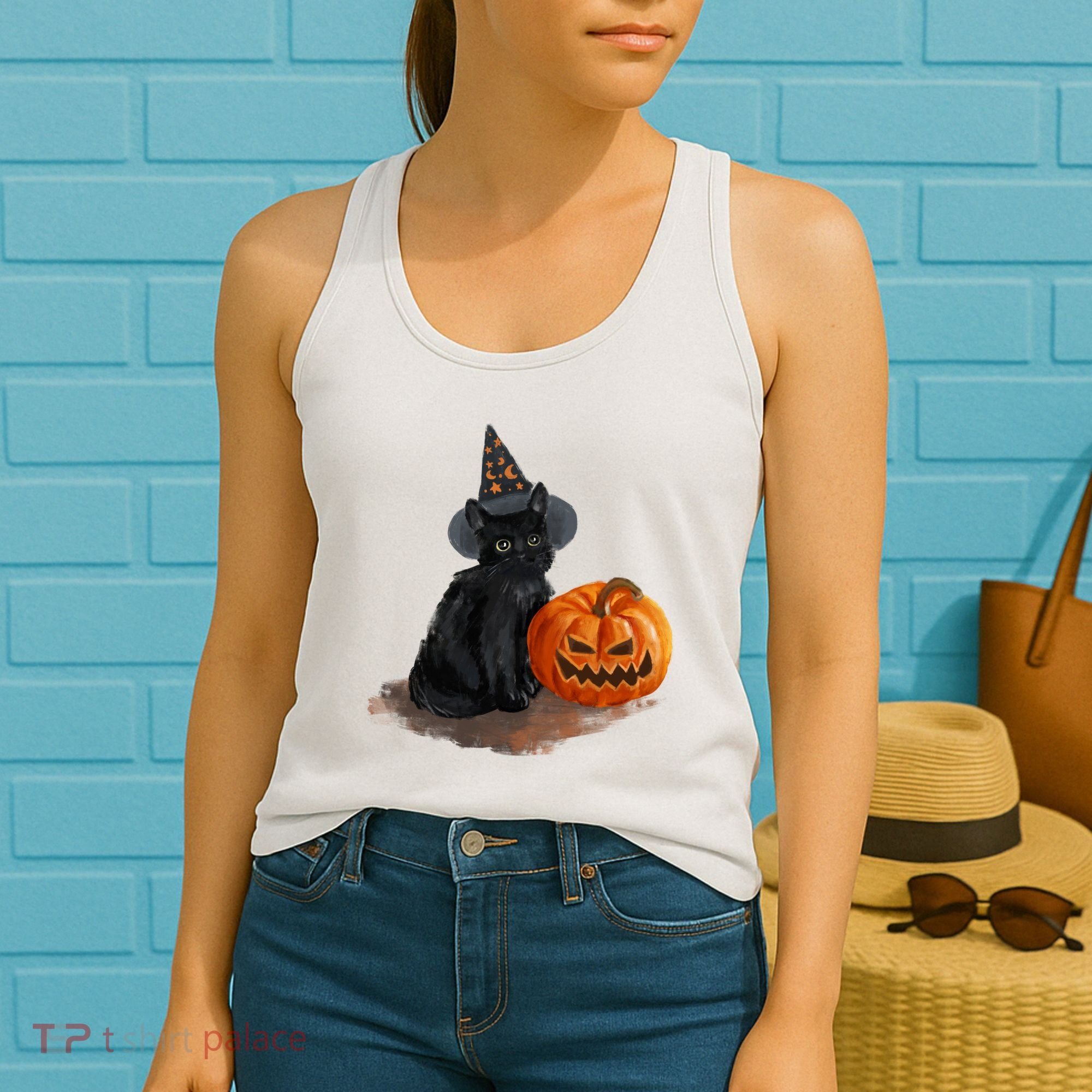 Halloween Pumpkin Black Cat Women's Tank Top