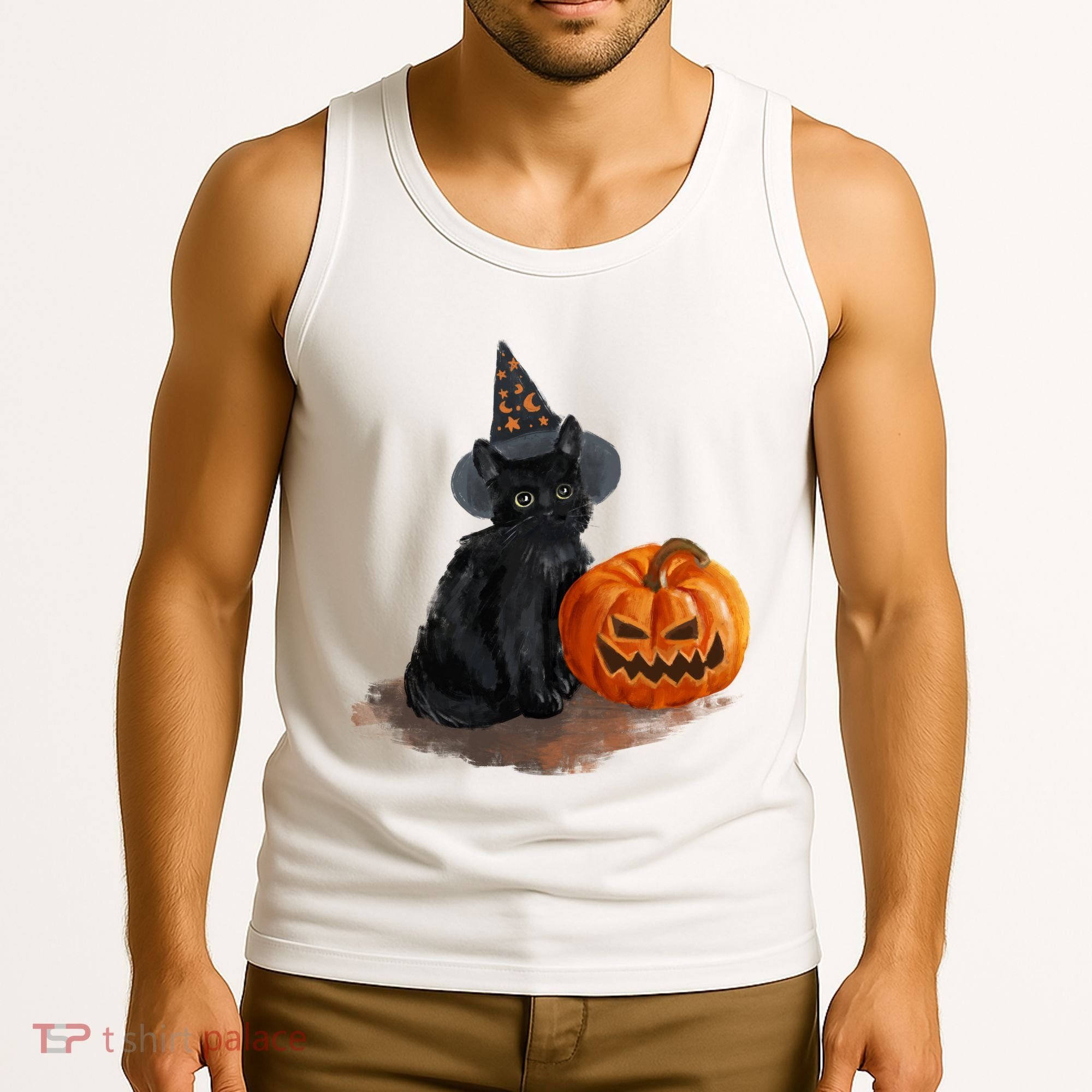 Halloween Pumpkin Black Cat Tank Top