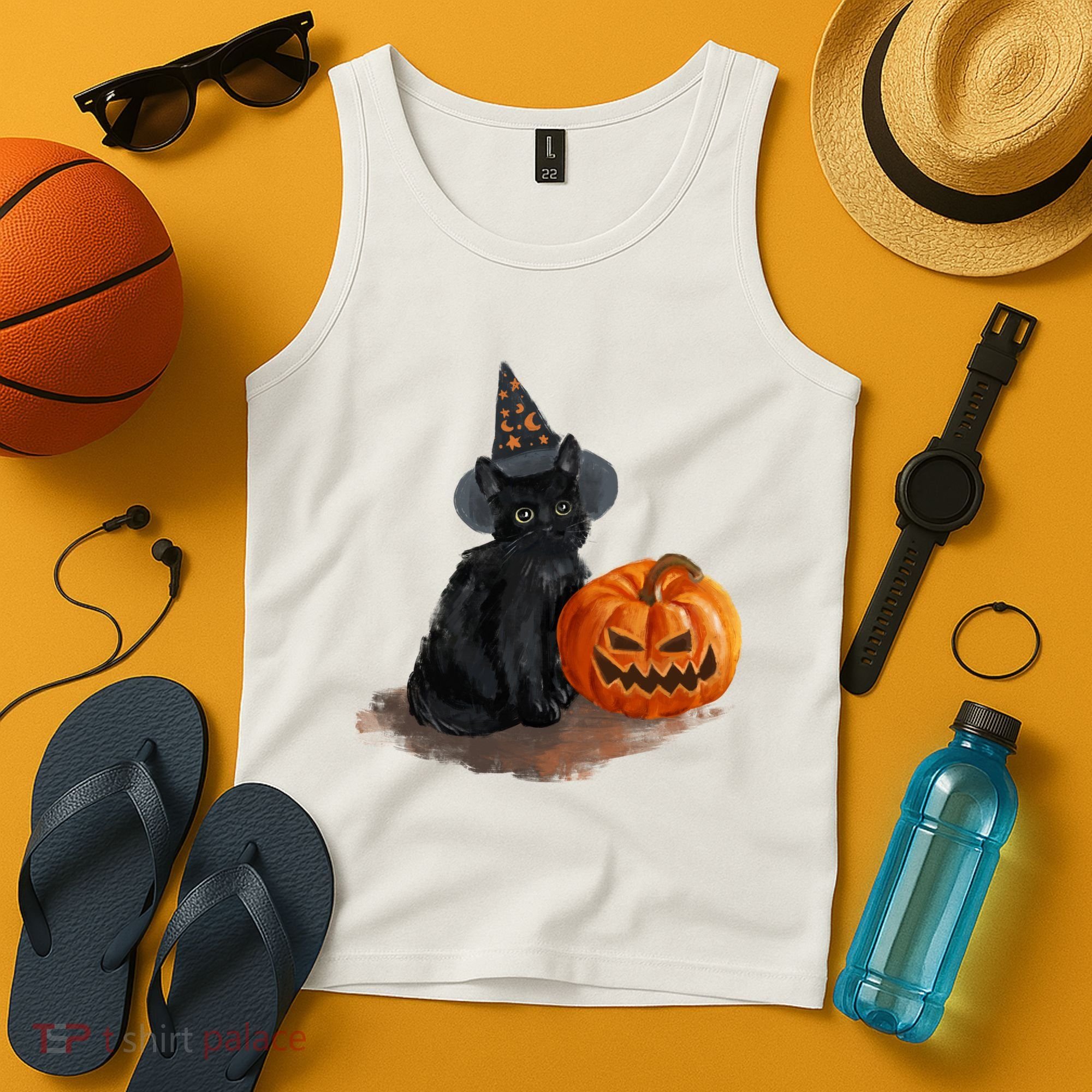 Halloween Pumpkin Black Cat Tank Top