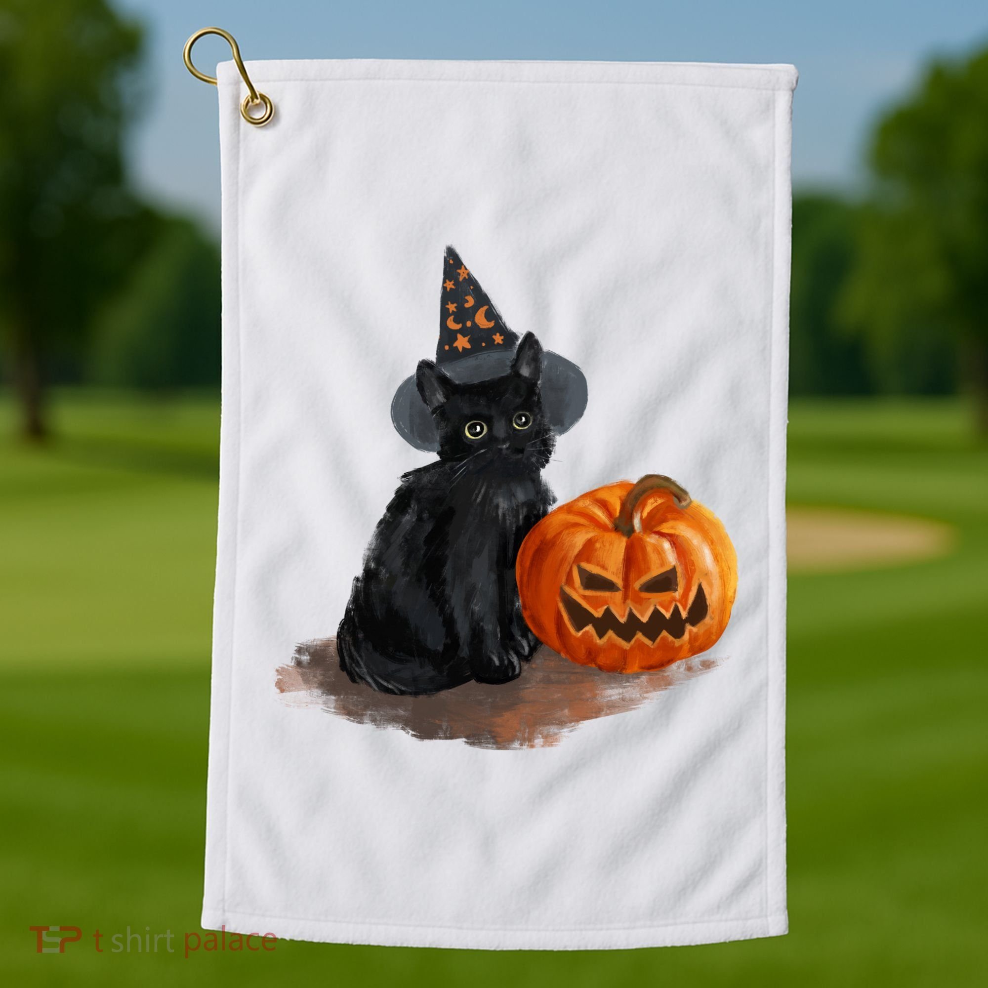 Halloween Pumpkin Black Cat Golf Towel