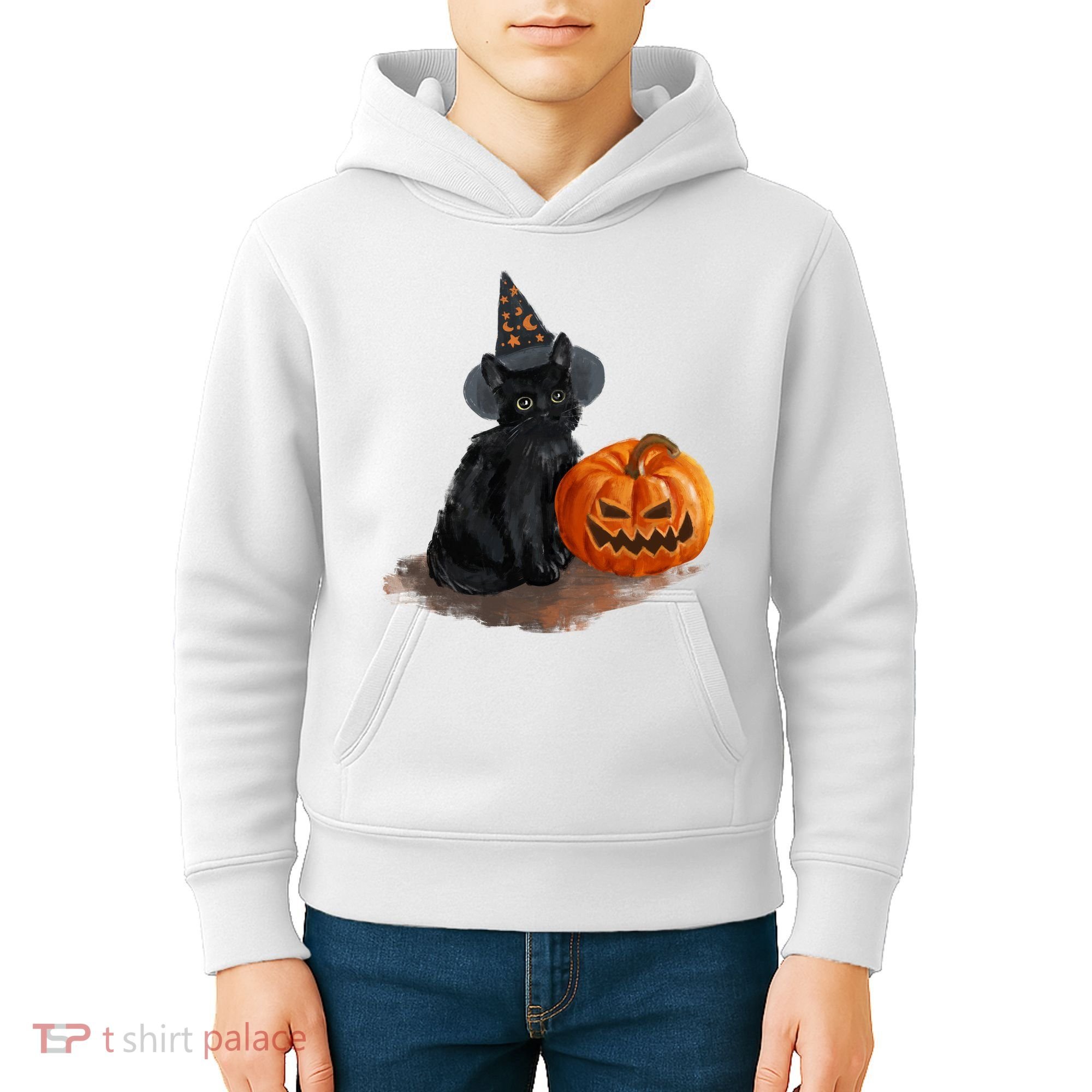 Halloween Pumpkin Black Cat Kids Hoodie